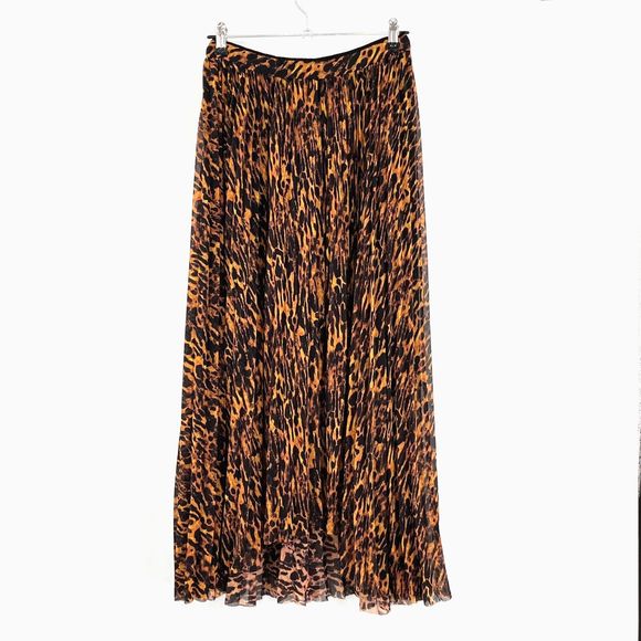 AllSaints Cora Ambient Skirt Midi Size 6 Animal Print Pleated High-Low Sheer - Picture 2 of 15